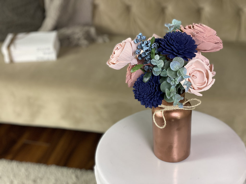 small bud vase sola wood forever flower arrangement with navy and blush flowers