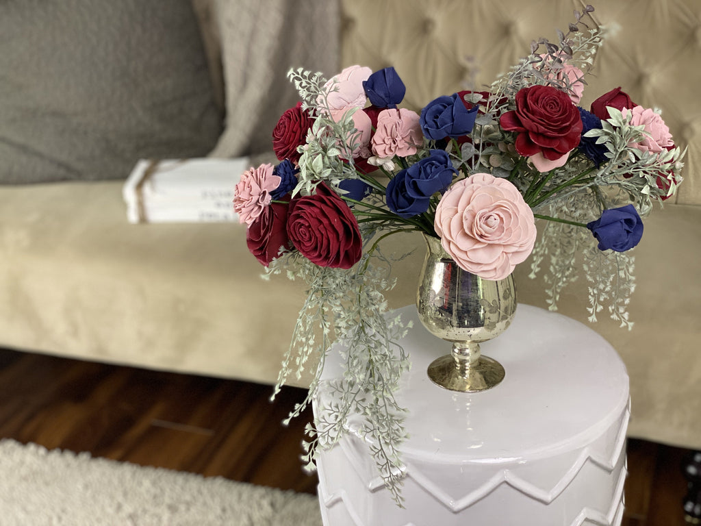 wedding decor ideas and centerpieces made with sola wood flowers in burgundy, blush and navy