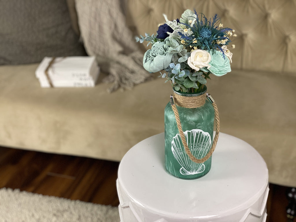 sola wood flower vase in seagreen with thistles for beach wedding decor