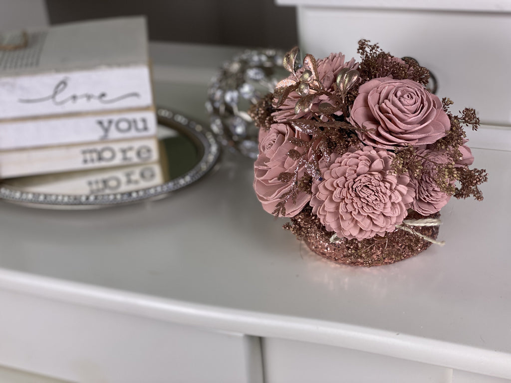 pink glitter mini mason jar arrangement for glam office decor in pink from pine and petal market