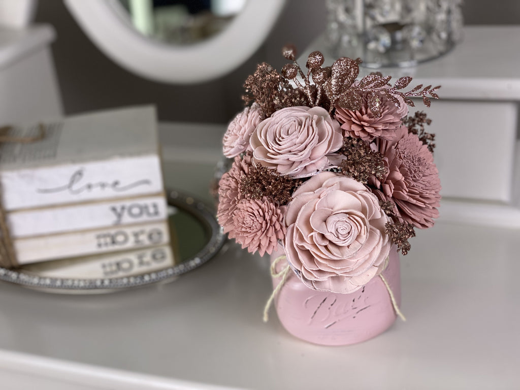 sola wood flower arrangement gift in rustic distressed mason jar in pink and rose gold
