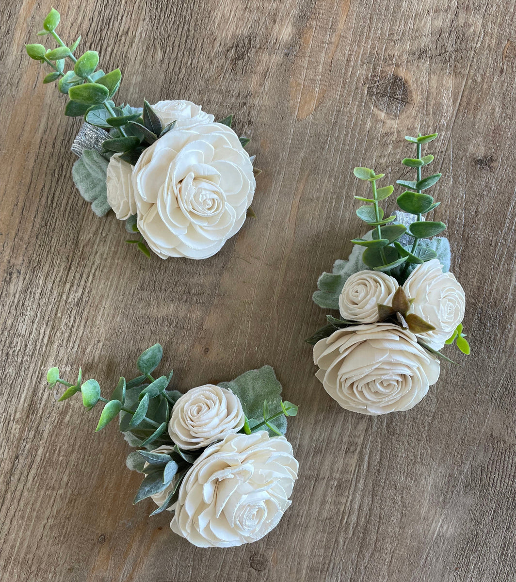 white rose and succulent corsage White Pearl Wrist Corsage Bracelet