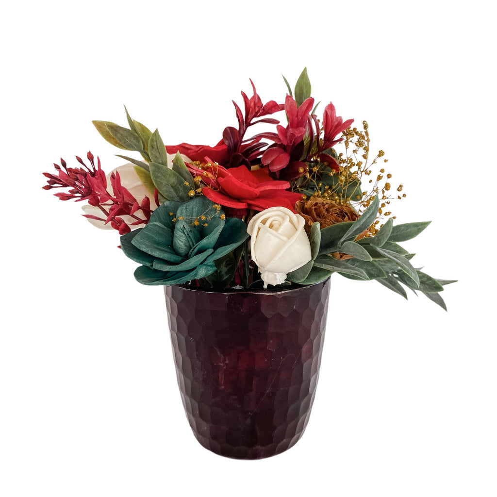 mini christmas sola wood flower arrangement with poinsettias