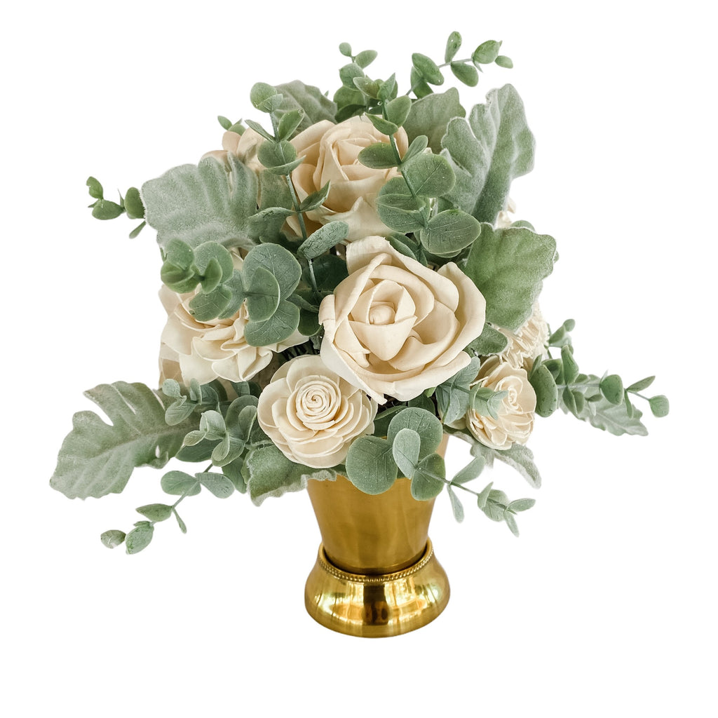 gold vase sympathy lasting faux flower arrangement made from sola wood