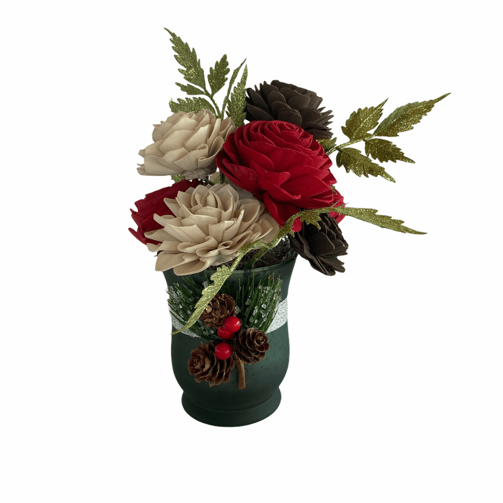 christmas pinecone mini votive flower arrangement made from delicate wood flowers