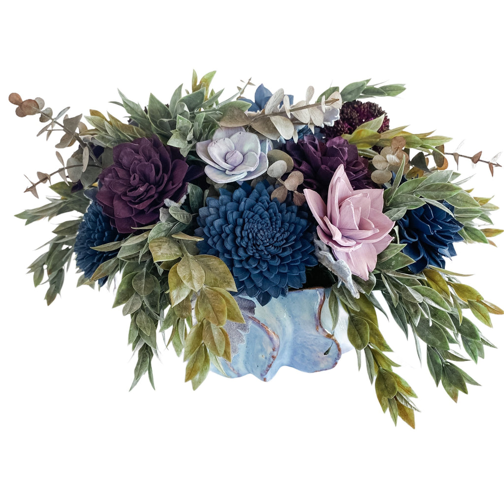 purple and blue seashell garden forever faux flower arrangement made from sola wood