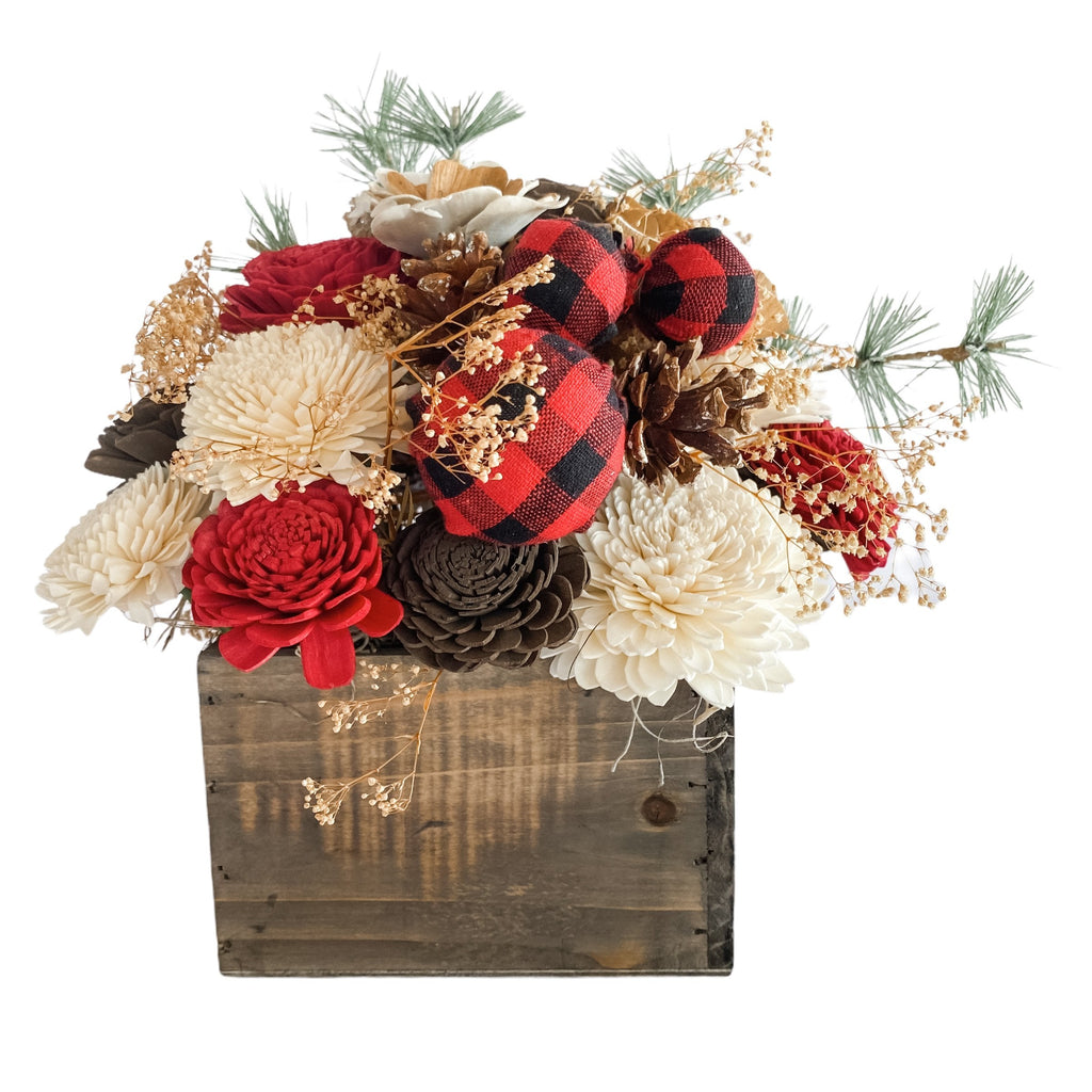 red buffalo plaid sola wood flower farmhouse christmas arrangement