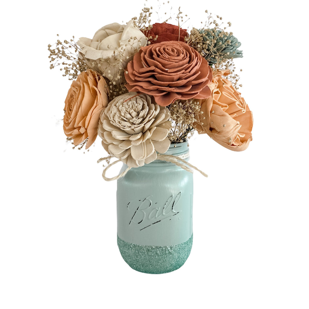 seafoam and peach sola wood flower pint jar forever flower arrangement