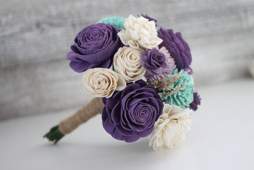 Purple and Mint Wooden Flower Bouquet - PineandPetalWeddings