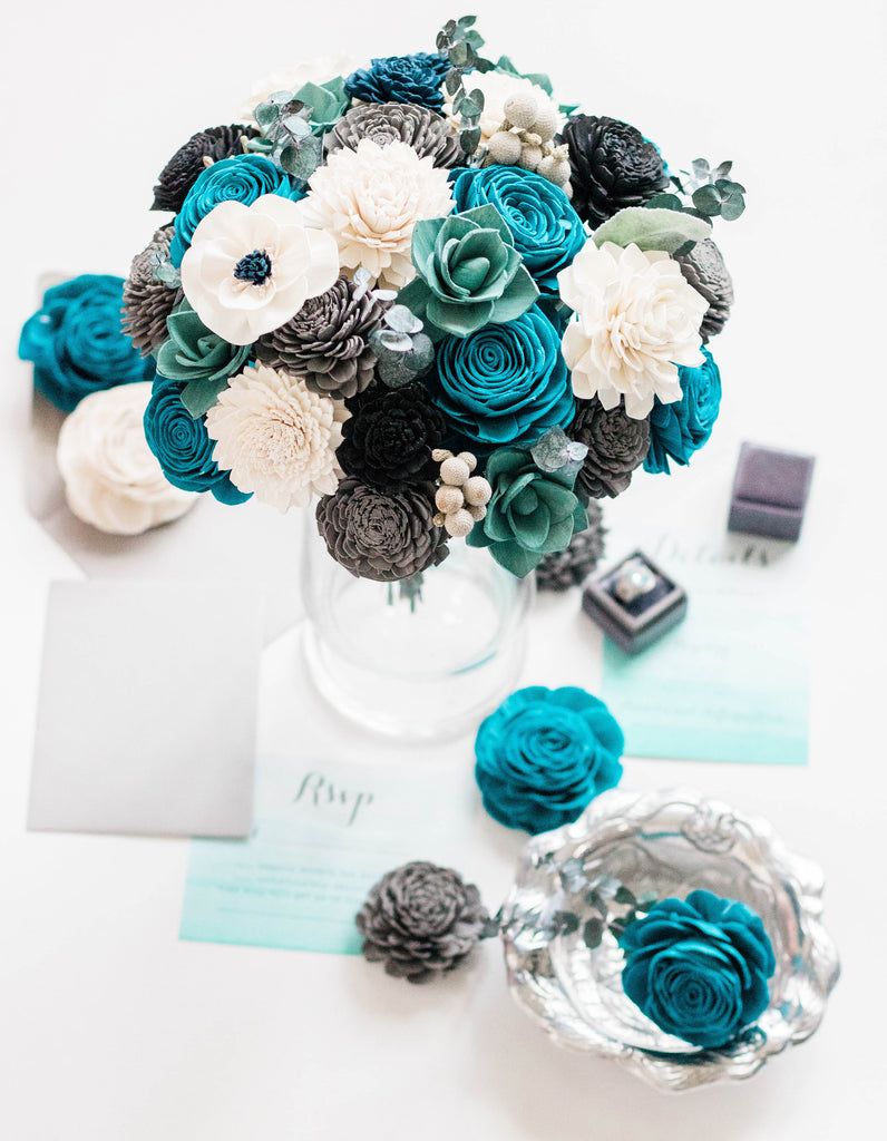 Teal, Grey and White Bouquet - PineandPetalWeddings