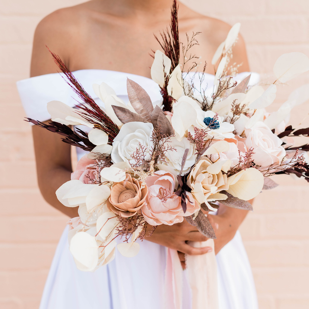 The best sola wood flowers online from Pine and Petal Weddings. Photo of a blushing rose and anemone bouquet made from delicate sola wood flowers..