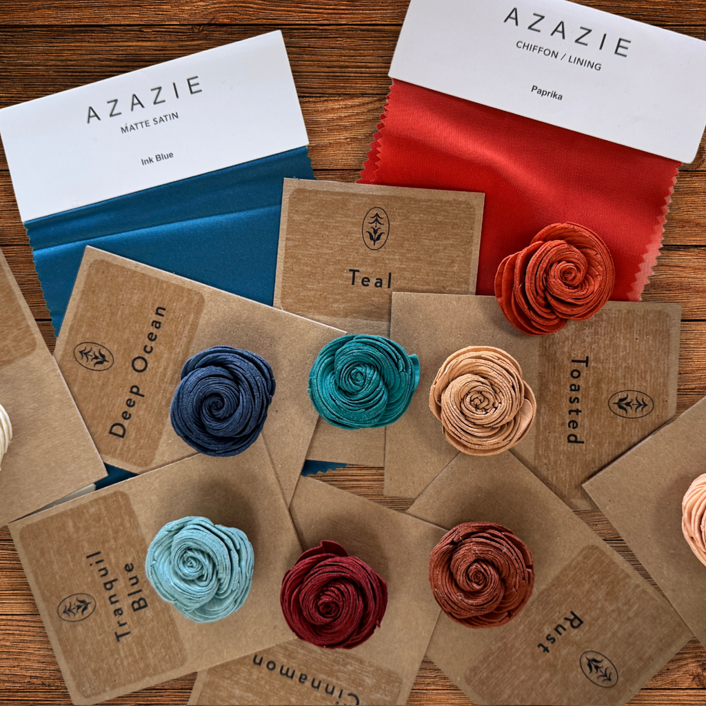 sola wood flower matches to azazie and other dress brands colors shown are teal, toasted, rust, tranquil blue, cinnamon and rust paired with paprika and peacock colored azazie bridesmaid dress swatches