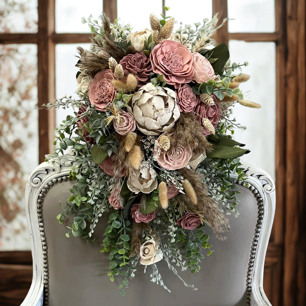boho and dusty rose with blush pink cascading sola wood flower bouquet with pampas grass