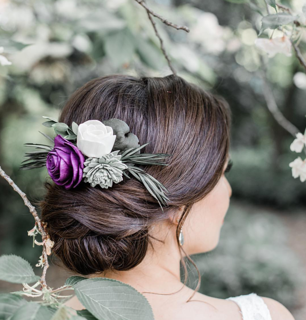 flower comb made of purple and white sola wood flowers by pine and petal weddings