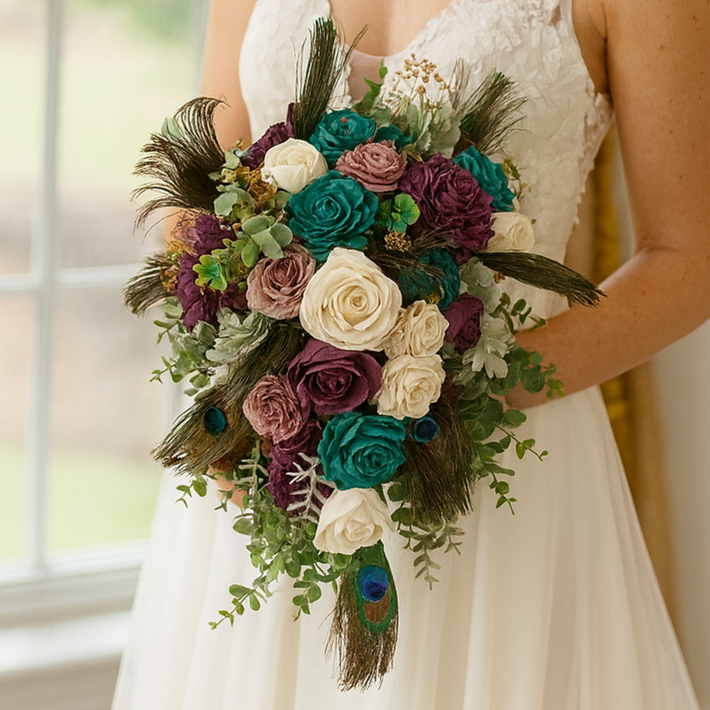 peacock, teal and jewel tone cascading custom sola wood flower bridal bouquet being held by bride
