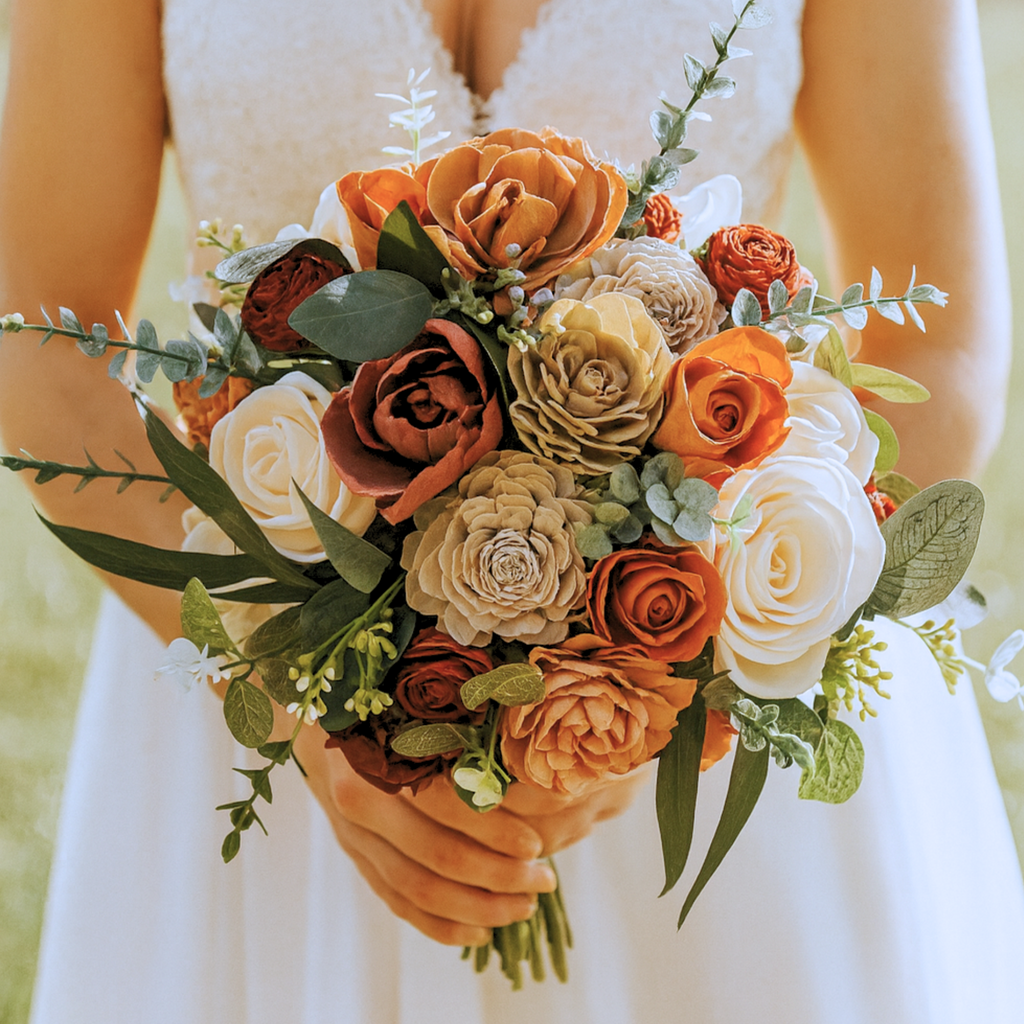 boho style bridal bouquet made with sola wood flowers by pine and petal weddings with custom colors