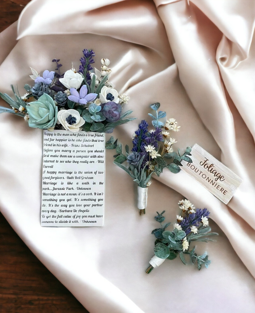 sola wood flower wedding boutonnieres for grooms and groomsmen including a pocket boutonniere and foliage boutonnieres by pine and petal weddings
