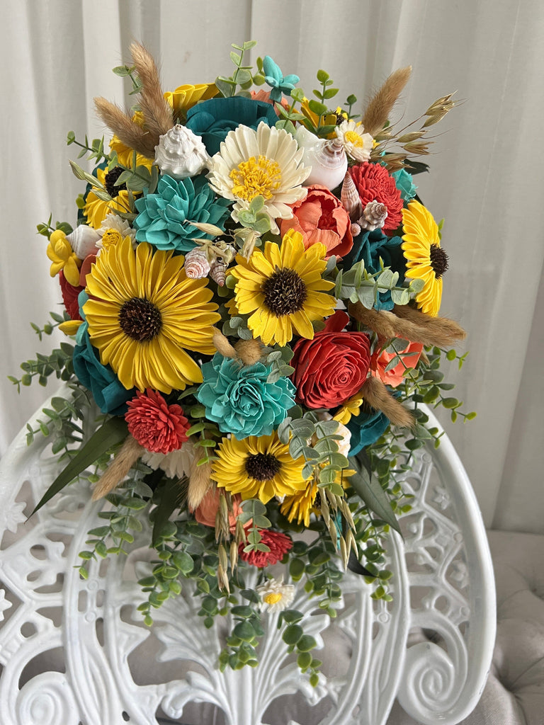 bright beach sunset colored cascading sola wood flower bridal bouquet in custom colors of teal, coral and yellow
