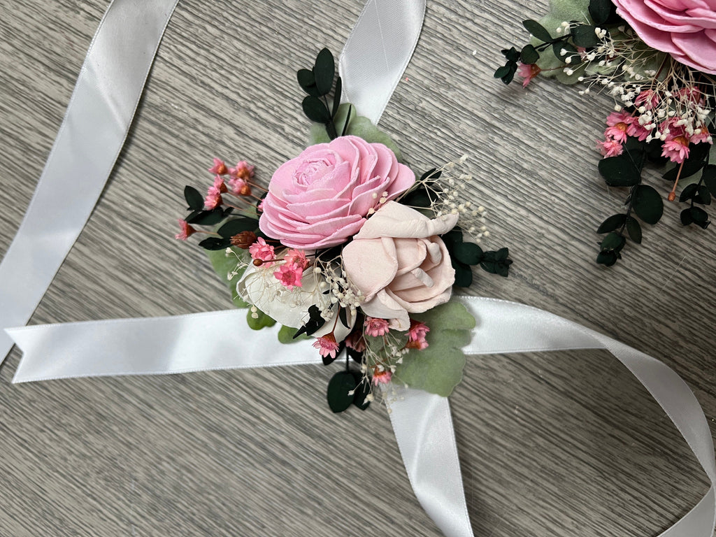 custom sola wood flower wrist corsage in pink, blush and white with accenting greenery