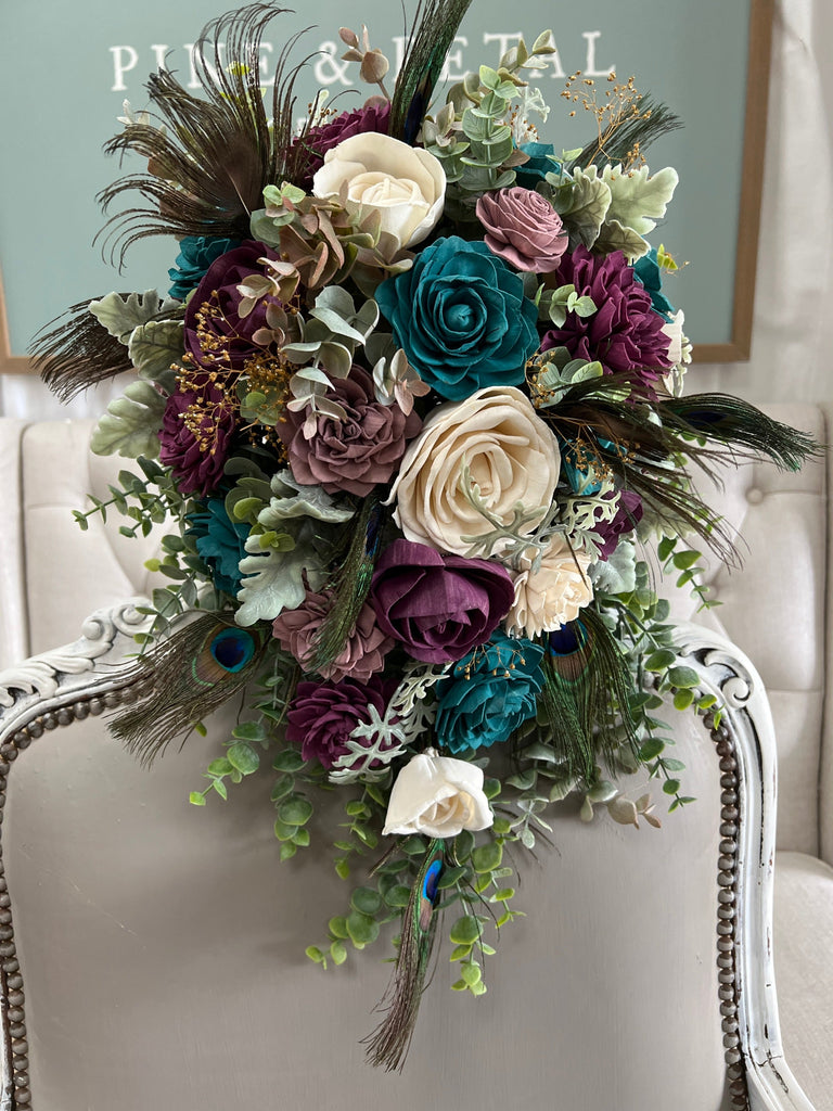 vintage jewel tone inspired cascading sola wood flower wedding bridal bouquet with customizable colors