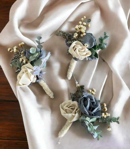 Dusty Blue Anemone Boutonnière – Pocket Sola Wood Wedding Keepsake