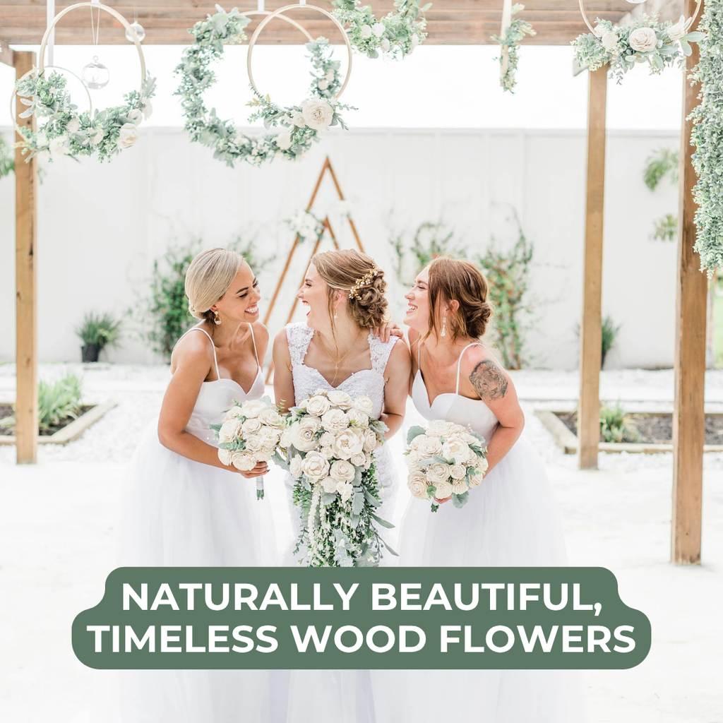 Delicate sola wood flower white bouquet with greenery and pearls in a cascading bouquet style