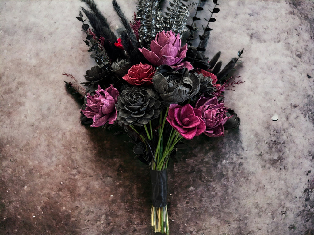 Gothic black, wine and purple wedding bouquet made with sola wood flowers