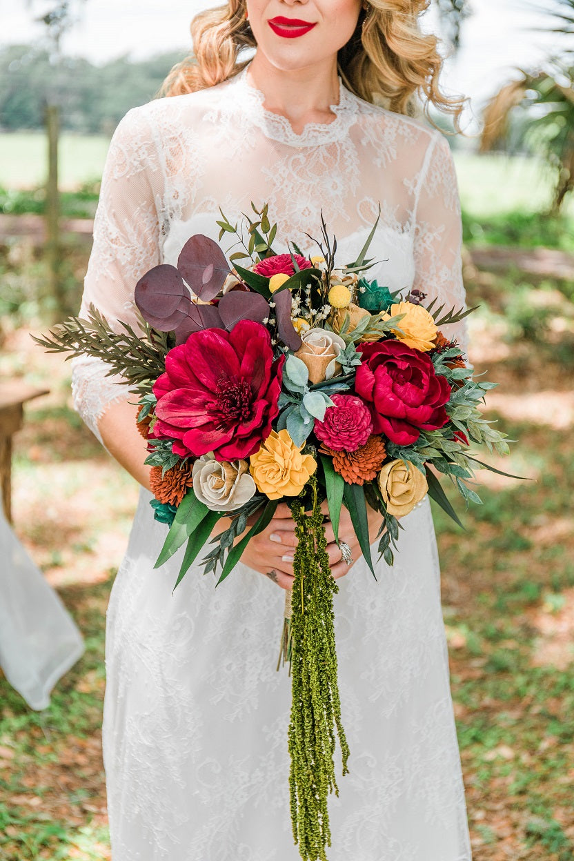 red dress flower bouquet Red Rose Bouquets with Red Dresses for Bridesmaids