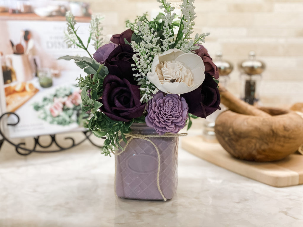 lasting purple and succulent flower arrangement made from sola wood flowers 