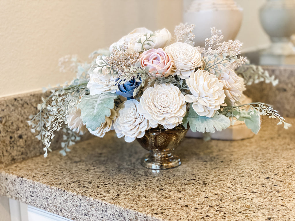 sola wood flower compote vase arrangement for wedding by pine and petal market
