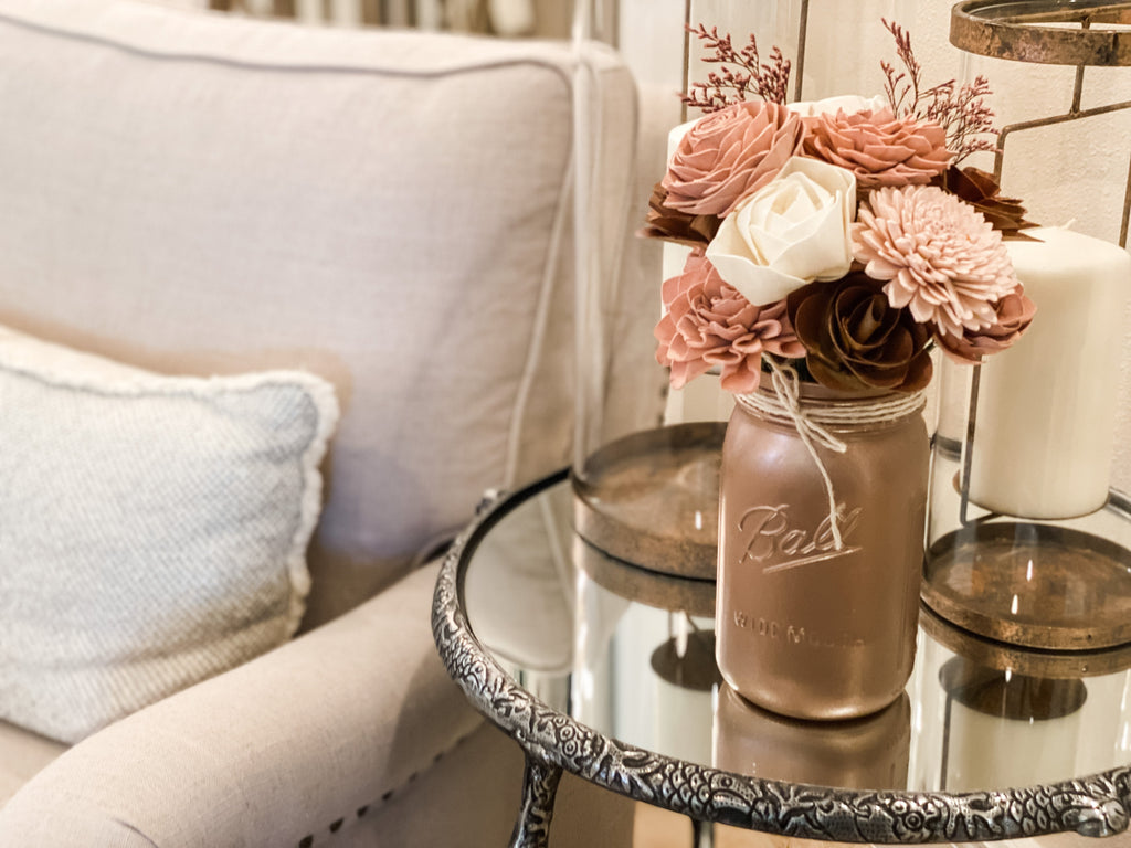 ball mason jar flower arrangement ideas for home with faux flowers made from sola wood. Rose gold and blush