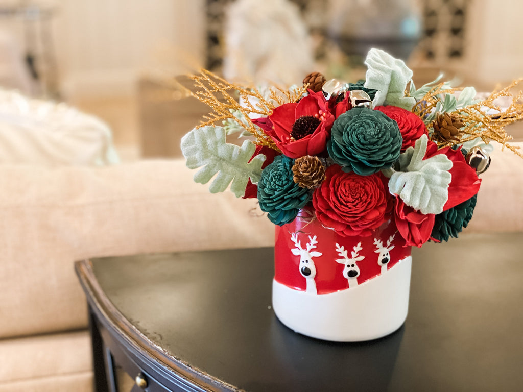 christmas dinner table decor ideas for 2020 reindeer vase with faux flowers made from sola wood