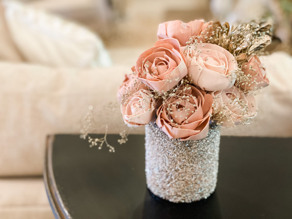 shabby chic champagne and blush sola wood flower arrangement and centerpiece