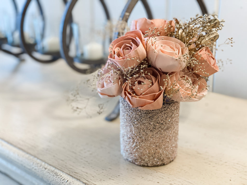 small sola wood flower arrangement in blush and pink with champagne accents
