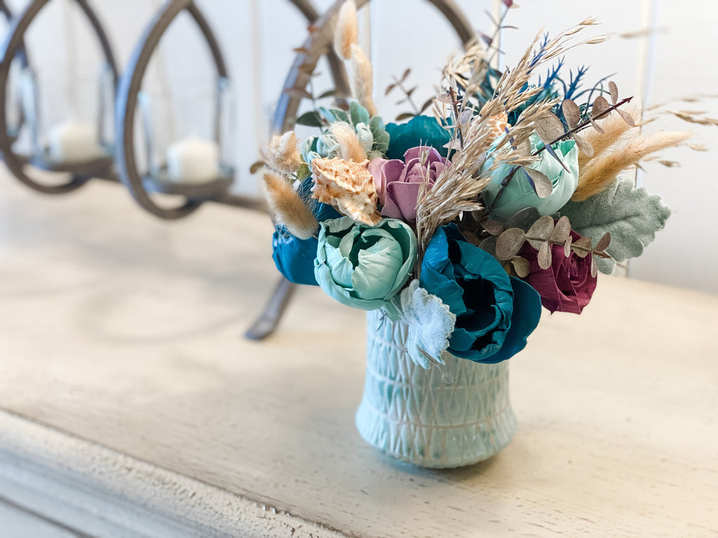 beautiful sola wood flower arrangements for her in teal and purple