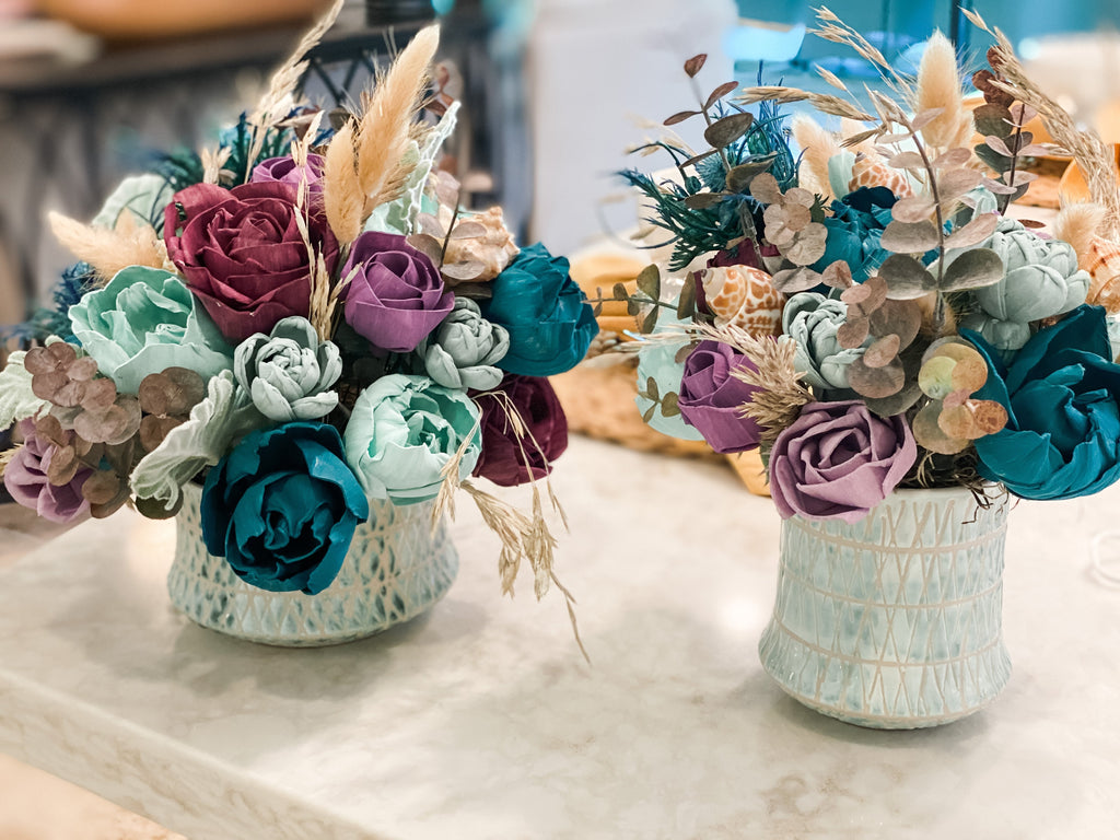 Sola wood flower arrangements beachside decor in teal and purple for birthday, anniversary or mothers day