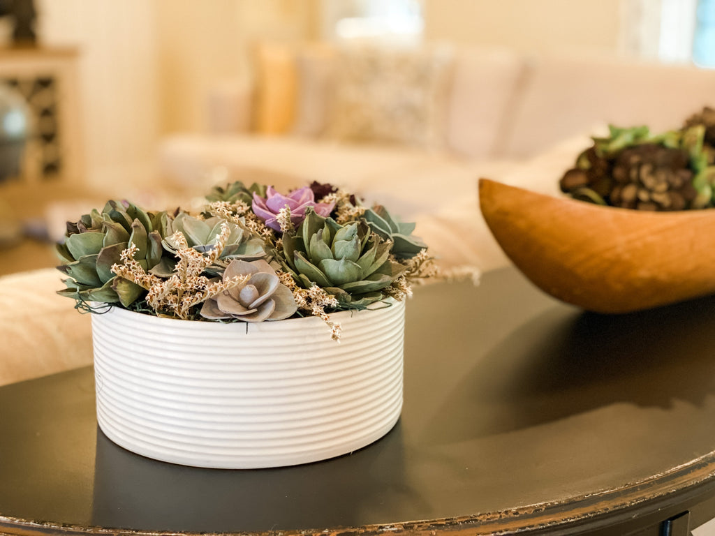 succulent sola wood flower dish arrangement for home office, console table or side table