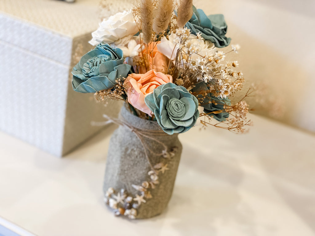 best beach house decorating ideas with faux flower bouquet in mason jar 