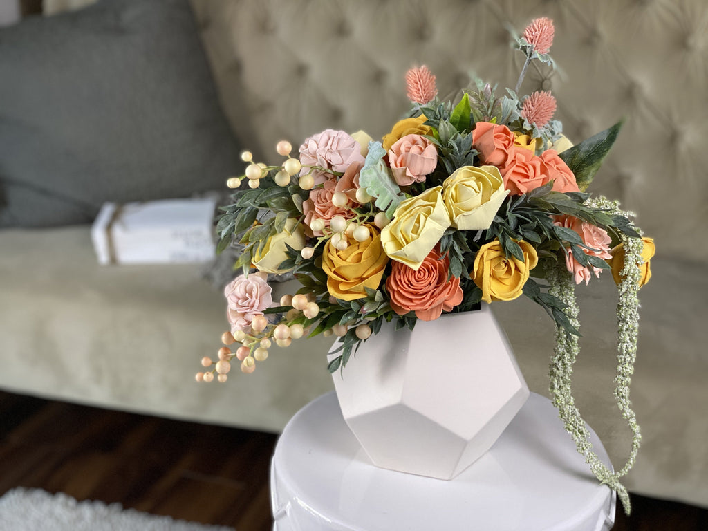spring wedding arrangement or bouquet ideas for 2021 wedding in peach and yellows