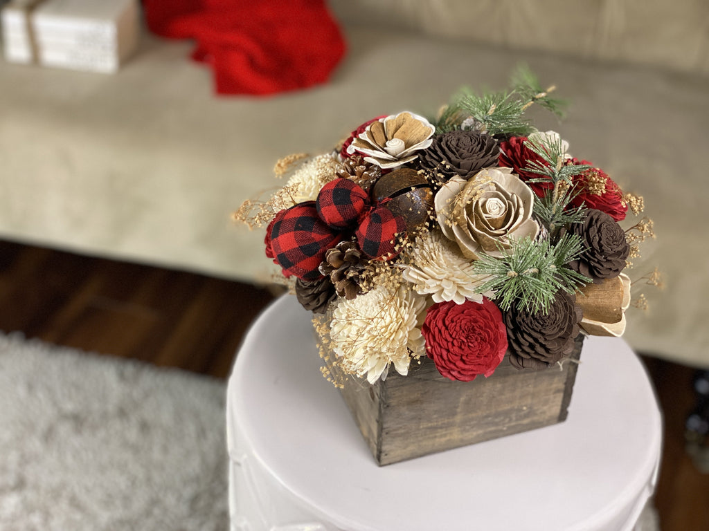 red, brown and black sola wood flower rustic christmas arrangement