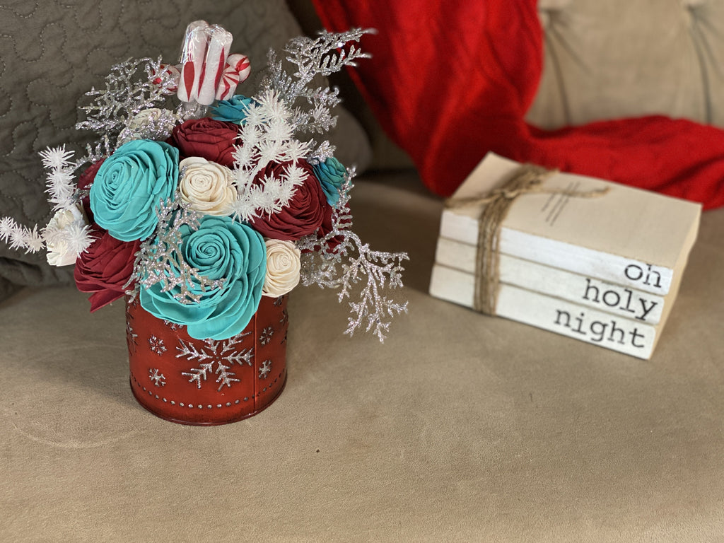 sola wood flower arrangement from pine and petal with peppermint candies