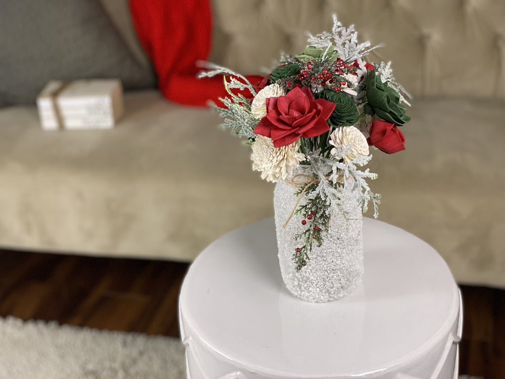 2020 christmas trends - sola wood flowers and frosted mason jars