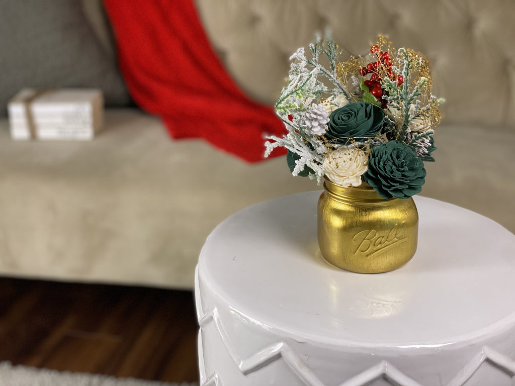 gold ball mason jar flower arrangement for christmas decor