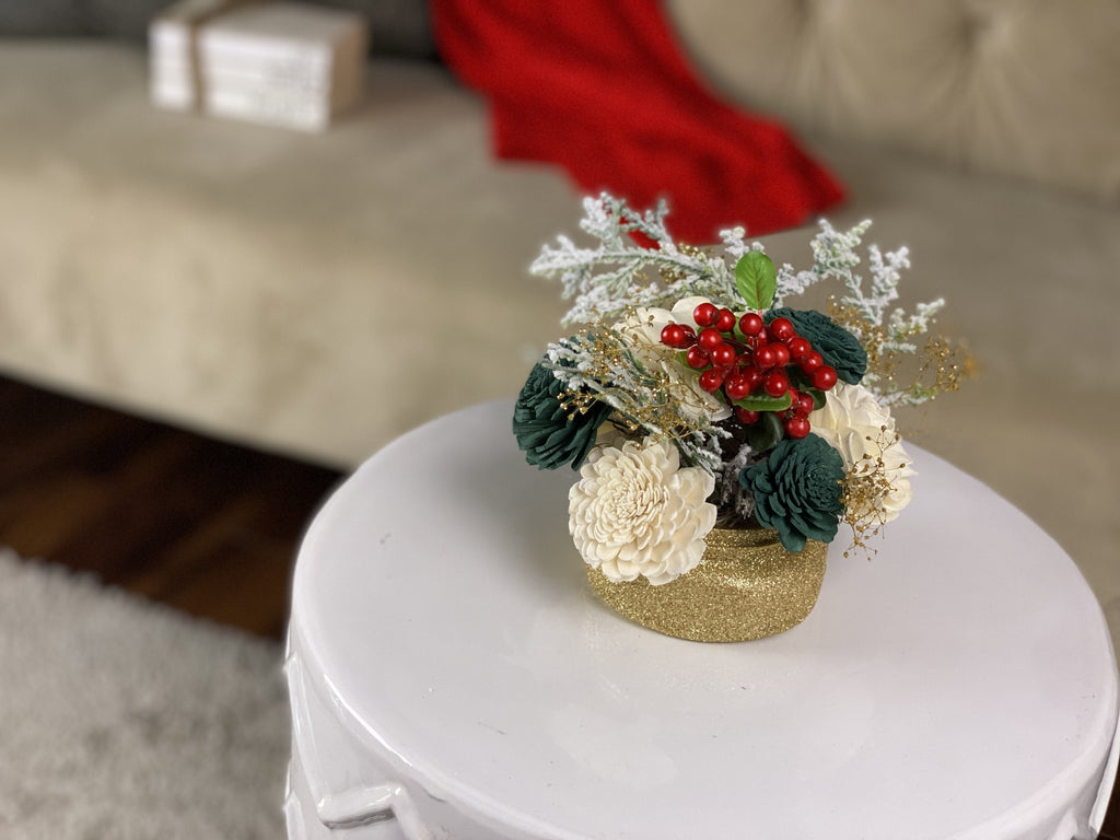 sola wood flower decor arrangement for christmas 2020 decor with gold glitter and berries