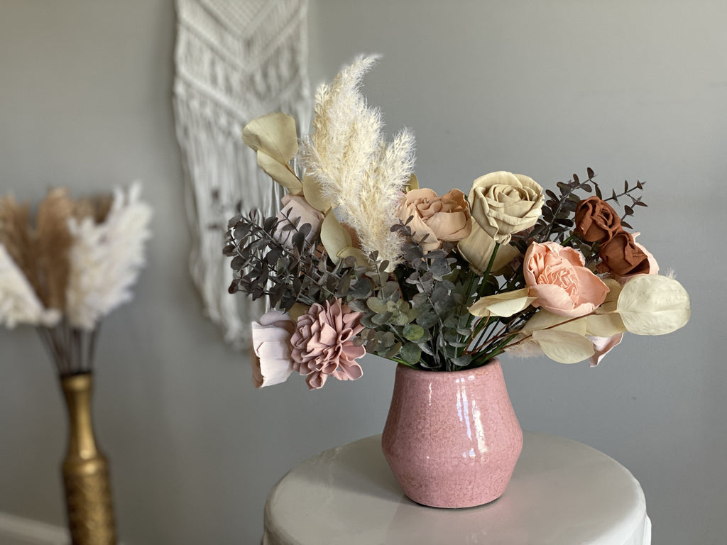 sola wood flower boho bouquet arrangement with faux pampas grass and peaches and neutral colors