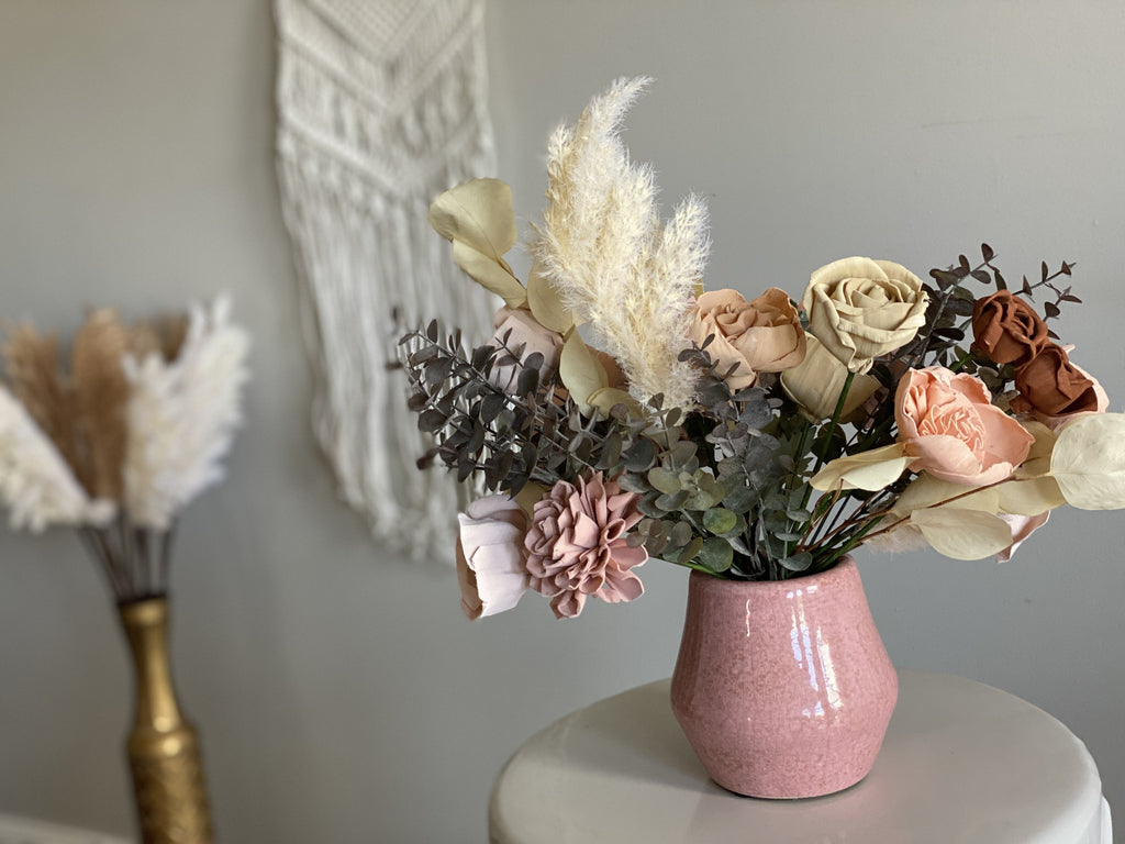 pink and peach sola wood flower arrangement ideas for wedding decor