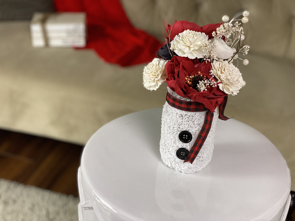christmas holiday snowman faux flower arrangement gift in mason jar