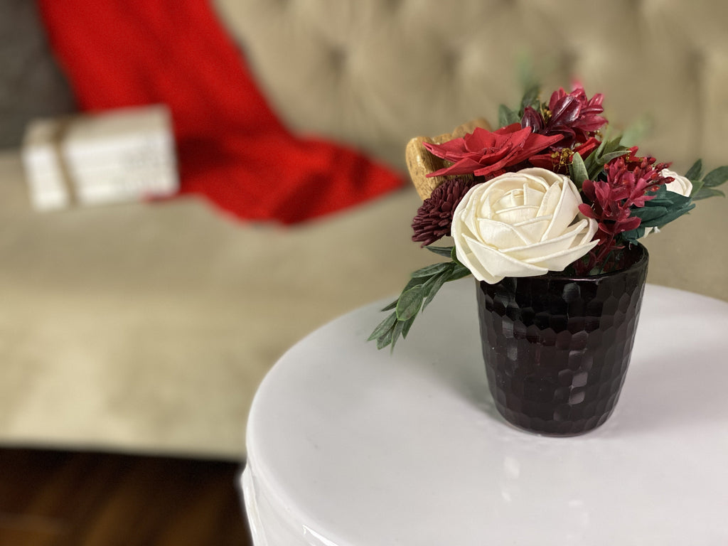 poinsettia and rose sola wood flower mini arrangement for christmas