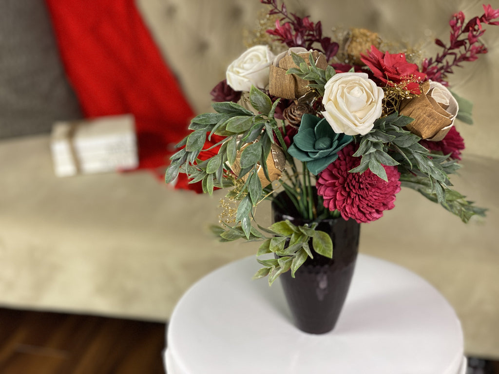 sola wood flower poinsettia christmas holiday bouquet arrangement with vase