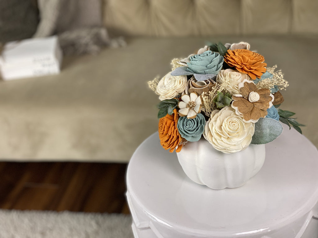 white fall pumpkin wedding centerpiece ideas with sola wood flowers